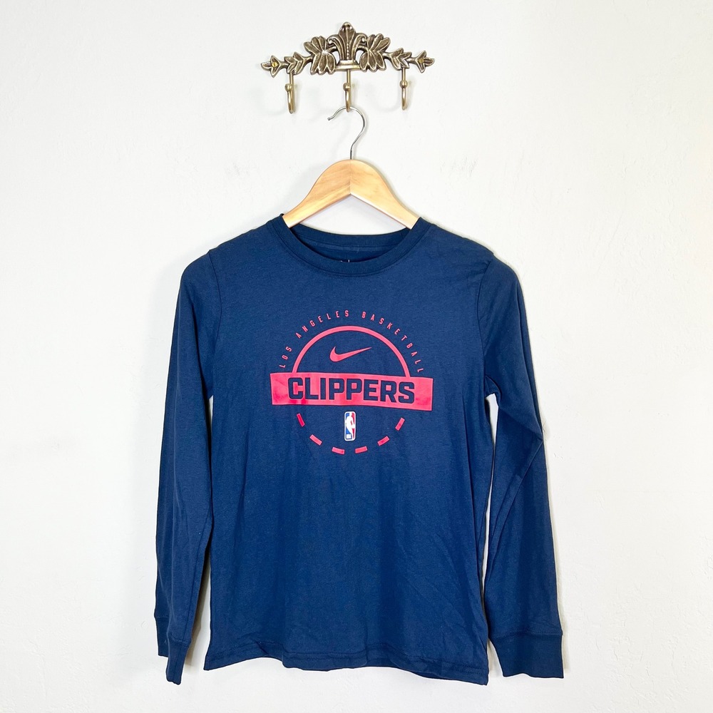 LA Clippers Nike Long Sleeve Graphic Tee Boys Size M 10/12 Navy Blue Cotton New
